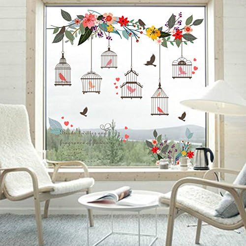 Pricuitie Decorative Birdcages Flowers Flying Birds Wall Stickers, Glass Decals Removable Art Wall Murals For Kid Room Bedroom Home Decor Wallpaper