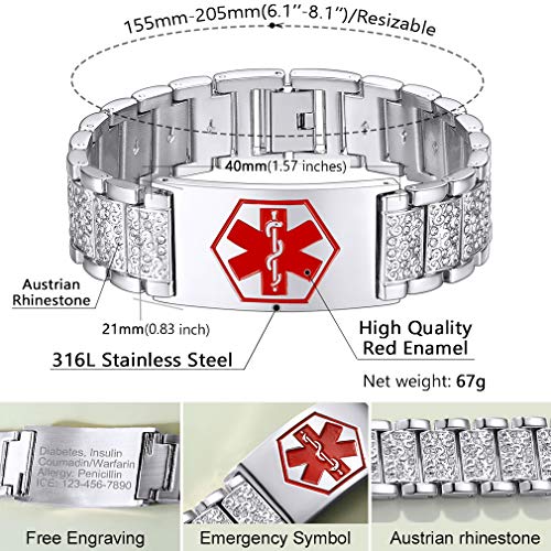 Supcare Medical Alert ID Bangle Bracelet Stainless Steel Cubic Zircon Addjustable Band Bracelet for Men/Boys/Women, Medical Alert Emergency Identification Charm Bracelet Jewelry