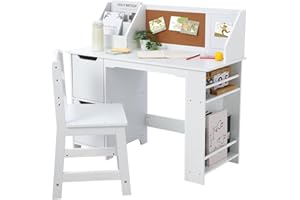 WPOND White Study Desk and Chair Set with Bookshelf, Bulletin Board, and Cabinets - Ideal for Boys and Girls Ages 3-8