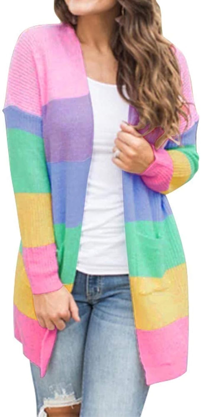 Women Plus Size Cardigan Jacket Coat Patchwork Long Sleeve Rainbow