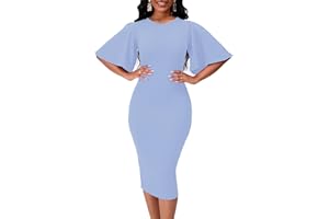 WANMEM Womens Bodycon Ruffle Flared Short Sleeve Work Midi Dress Business Office Casual Pencil Dress