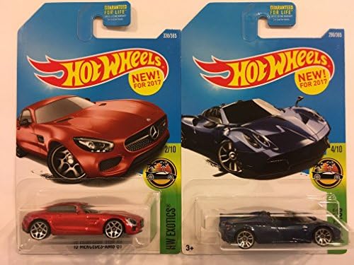 2 (TWO) Hot Wheels: 2017 HW Exotics '15 Mercedes AMG-GT 338/365, Red & 2017 HW Exotics '17 Pagani Huayra Roadster 290/365, Blue