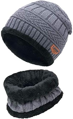 Men Beanie Hat and Neck Scarf Set Fleece Lined Winter