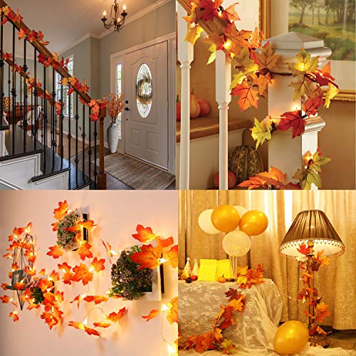 Comtelek 4 Pack Fall Maple Leaf Garland with LED String Lights, 7Ft/Piece Artificial Leaves Hanging Vines Autumn Garland for Thanksgiving Decorations,Fireplace Mantel,Home,Wedding,Thanksgiving Gifts