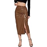 HERBATOMIA Women's Faux Leather Long Skirt High Waisted Asymmetrical Trendy Side Slit Work Pencil Midi Skirts for Women