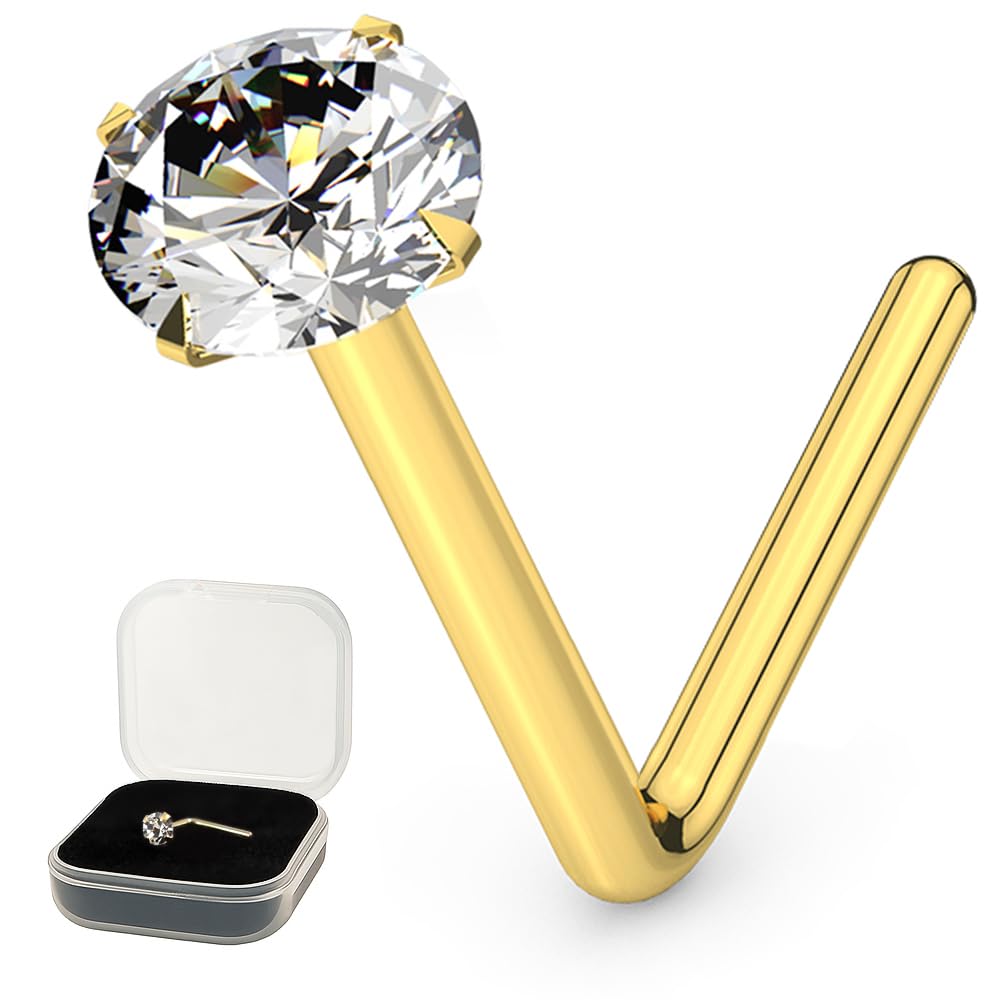 AZARIO LONDON 9K Yellow Gold Nose Stud Claw Set 2MM Round Genuine Crystal Stone 22 Gauge L Bend Nose Stud Piercing
