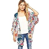 Vintage Women Girls Floral Print Long Loose Kimono Jacket Coat Cardigan Blouses (Medium, Blue)