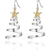 Christmas Tree Dangle Drop Earrings for Women Silver Gold-Toned Two Tones Star Dangling Fish Hook Stud Earring Fashion Lightweight Holiday Thanksgiving Xmas Jewelry