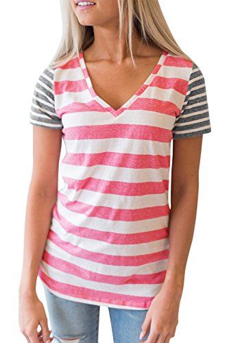 Chvity Women's V Neck Short Sleeve Color Block Tee Shirt Striped Tunic Top (L, Pink)