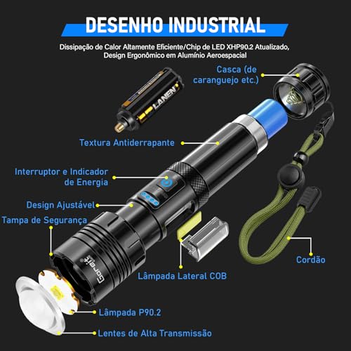 Lanterna Led Recarregável 10000Lúmen, Lanternas Tatica Militar Há 7 Modos, XHP90.2 Chip, lanternas Potente Zoom de Longo Alcance, Lanternas Para Acampamento, Pesca Emergências, Super Lanterna USB LED