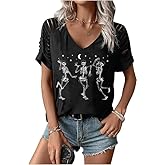 Womens Fall Halloween Thanksgiving V Neck Shirt Vintage Short Sleeve Western Shirts Cut Out Cold Shoulder T Shirts