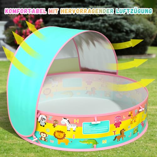 Baby Paddling Pool with Roof, Pop-Up Beach Shelter, Baby UV Protection 50+ with Storage Bag, 4-in-1 Portable Baby Pool with Sun Protection, Summer Must-Haves for Beach, Holiday, Camping and Picnic