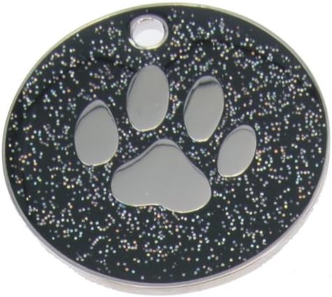 Just Pets Quality Enamel Black Glitter Dog Tag, Dog Paw Design, Personalised, Engraved Free