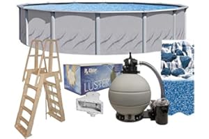 Lake Effect Pools 'Galleria' 27 ft Round Above Ground Swimming Pool Bundle | 52 Inch Height | Steel Sided Walls | Kit Includes: 25 Gauge Liner, A-Frame Ladder, Sand Filter/Pump, & Skimmer