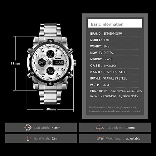 Stainless Steel Strap Outdoor Sport Watch Analog Digital LED Dual Time Display Mens Watch Sliver