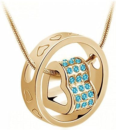 Datework Women Crystal Chain Rhinestone Necklace Love Heart Ring Pendant Gift (Sky blue)