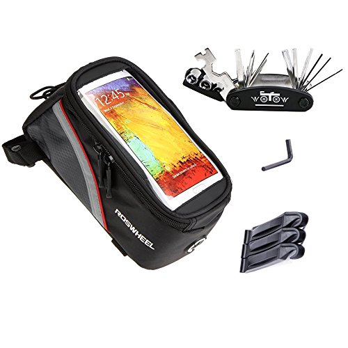 Bicycle Frame Pannier 5.7 inch Cell Phone Bag, WOTOW Bike Cycling Front Top Tube Mobile Phone Touch Screen Holder Handlebar Bag with 16 in 1 Multi Function Tool Kit