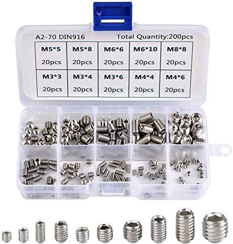 Maggot Screw Hex Head 200 pcs. Cup Point Inbus Screw Assortment Stainless Steel Hex Grub Head Machine Screw Kits M3 M4 M5 M6 M8