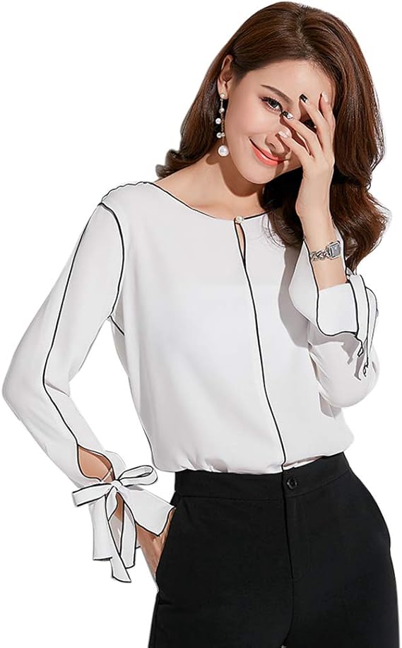 Amazon きれいめ かわいい Jfashion ブラウス レディース トップス 長袖 シフォン丸首 パール 女性 カジュアル シャツ シャツ ブラウス 通販