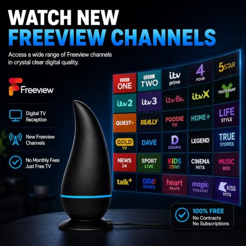 2026 Indoor TV Aerial, Digital TV Ariels Indoor 300+ Miles Long Range with Signal Booster for UK Freeview Local Channels, Amplified Digital TV Antenna Supports 4K 1080P HD with 9.8Ft Aerial Cable