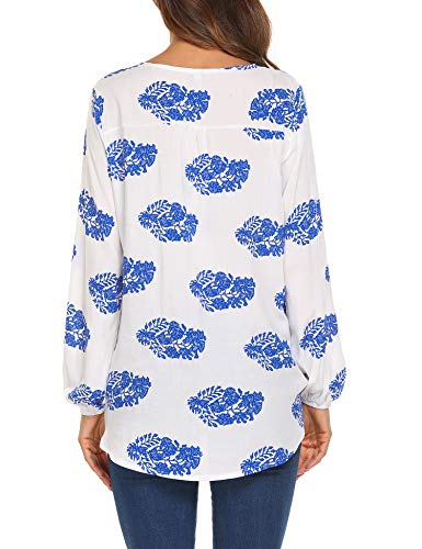 SoTeer Women Long Sleeve Shirt V Neck Boho Tops Floral Shirt Blouses Loose Tunic Tops White