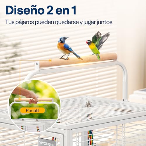 VIVOHOME 48cm Portable Wrought Iron Bird Cage with 2 Feeders, Colorful Rope Perch and Removable Tray, for Parrots, Conures, Parrots, Cockatiels, Budgies, White