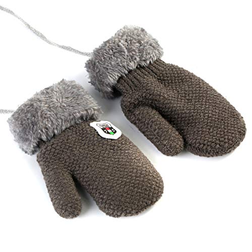 Winter Warm Baby Gloves Mittens - Infant Toddler Kids Knit Plush Lined Gloves Mittens with String for Baby Girls Boys 6 Months - 5 Years (Grey)