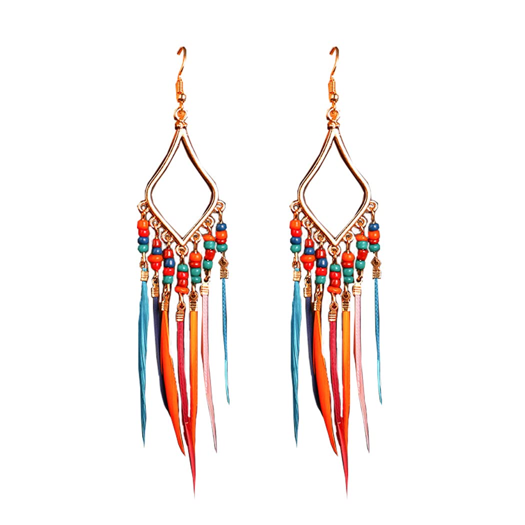 ROINBUILT Women Bohemian Earrings Feather Tassel Ethnic Retro Boho Dangle Earring Colorful Beads Women Teen Girls Jewelry for Birthday Party Gifts (a pair) (i)