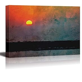 A Beautifully Watercolored Painting of a Sunset Above a Town