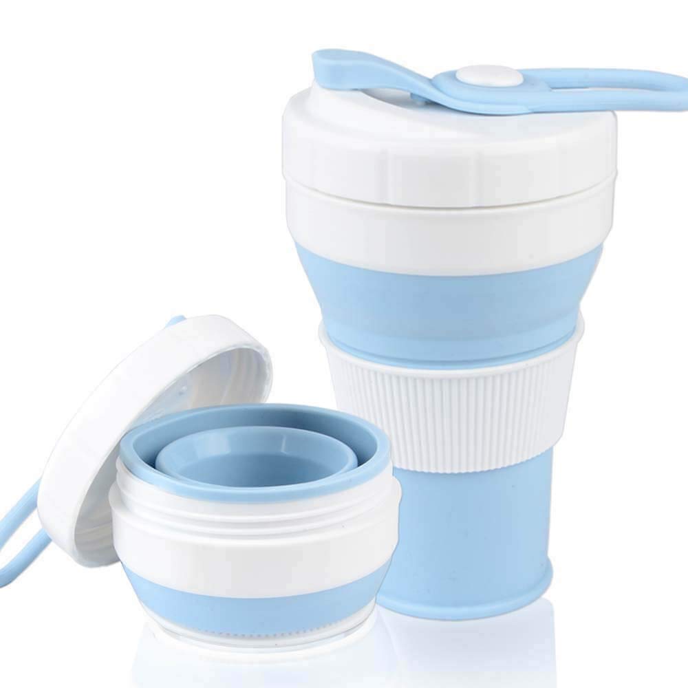 AniSqui Collapsible Silicone Coffee Cup [Threaded Mouth], 16oz/450ml, Leak Proof, BPA Free, Eco-Reusable, Portable With Lid (Blue)