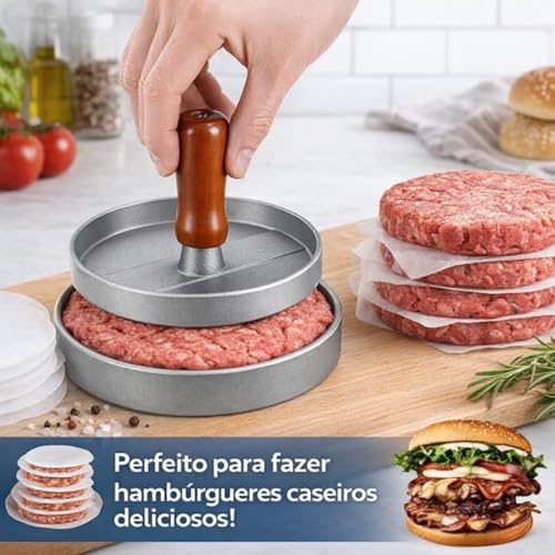 Molde para Hambúrguer em Aço Inoxidável com Cabo de Madeira – Prensa para Carne Gourmet Artesanal