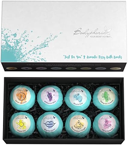Luxurious 100% Natural 8x Bath Bomb Gift Box - Large 3.5oz Size - Pure Essential Oils for the Best Lush, Relaxing Bath. For Women &amp; Men, Bodyphoria Fizzies Make the Perfect Special Day Set