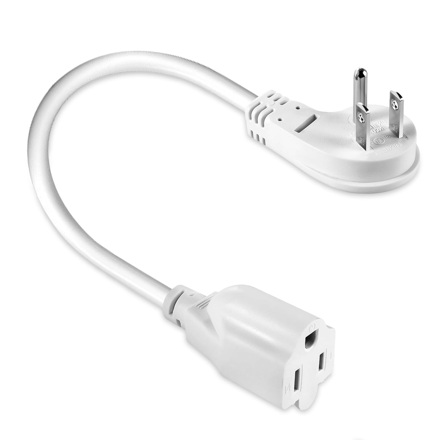 1875W 15A Heavy Duty Short Extension Cord, 30cm Flat Plug 3 Prong Grounded Power Cord 16AWG, White