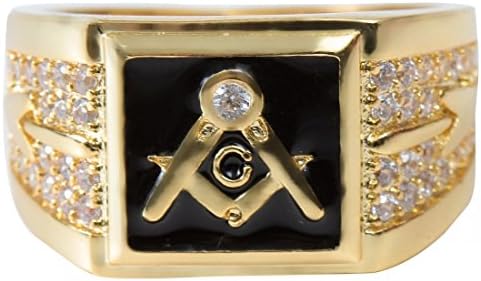 Songdetao 18K Gold I.P. Men's Masonic Black Lodge Crystal Freemason Rings Sz 8-15