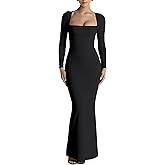 Kaximil Women's Sexy Long Sleeve Square Neck Bodycon Maxi Dress Split Cocktail Formal Long Dresses