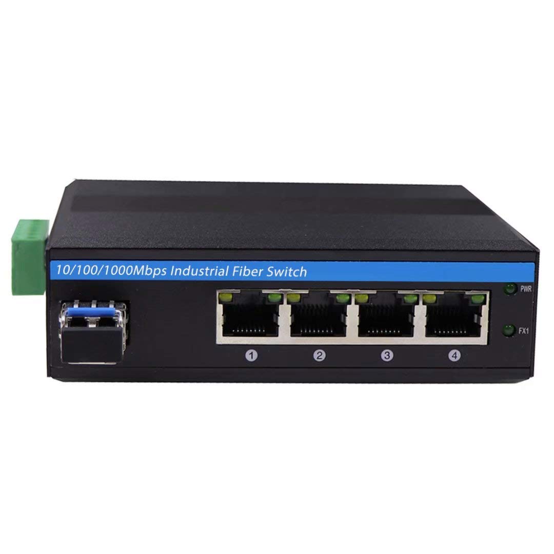Harsh Outdoor 5-Port Gigabit Ethernet Fiber Converter Industrial DIN-Rail Network Switch 100/1000Base-T to LC Up to 20KM(with SFP Transceiver) IP40 Extreme Temperature -40°～ 85°C (-40°～ 185°F)