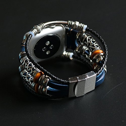 Buyeverything for Apple Watch 44mm Bands - Vintage Braided Classic Leather Bracelets Replacement Band Adjustbable Wristband Straps Accessories for Apple Watch Series 4 44mm Women Men (Blue) - Thumbnail 5