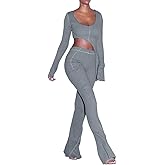 XLLAIS Women 2 Piece Outfits Rib Knit Pullover Sweater Top Long Flare Pants Set Sweatsuits Tracksuit
