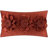 JWH 3D Flower Throw Pillow Cover Decorative Sunflower Accent Pillow Case Velvet Cushion Lumbar Floral Pillowcase for Bed Sofa Couch Living Room 12x20 Inches Rust Red