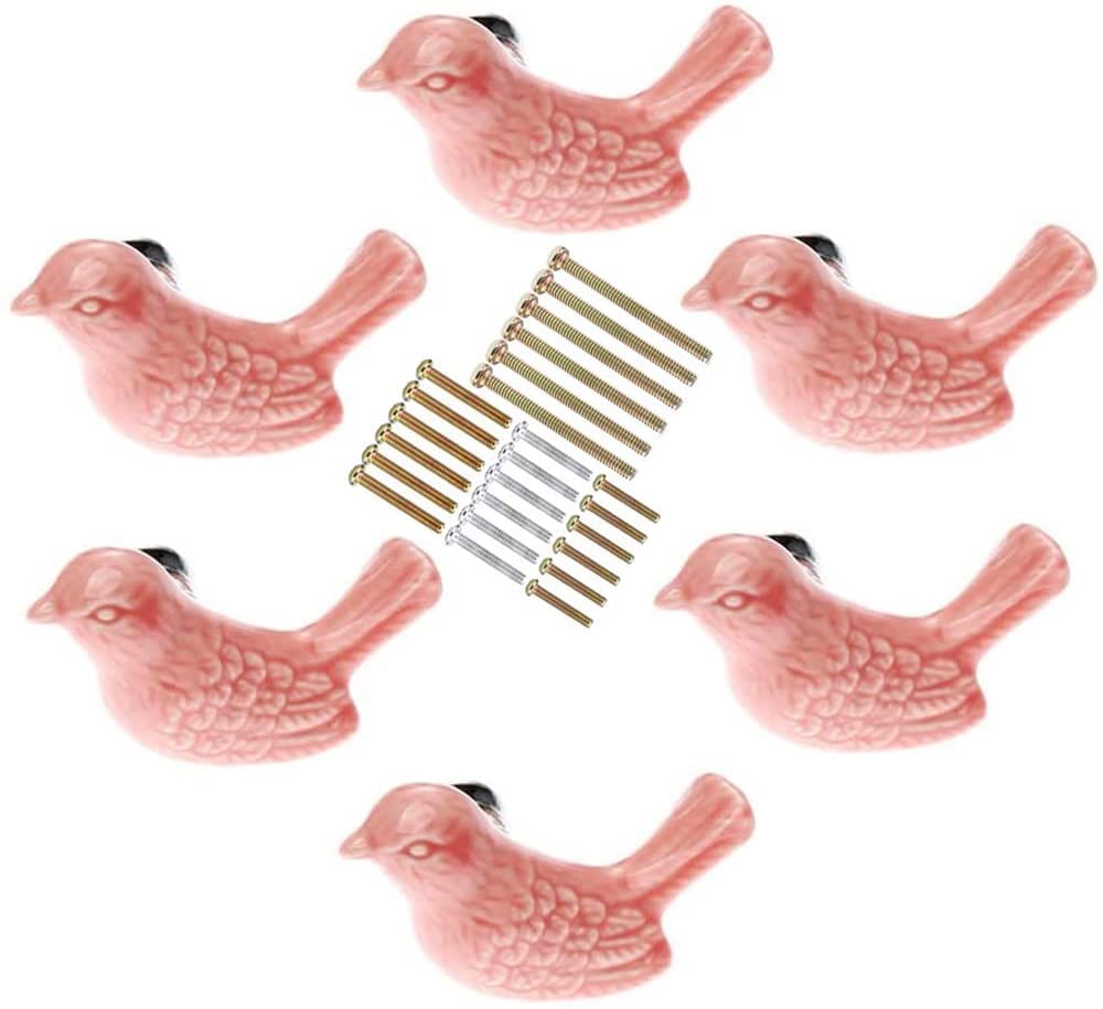 MayGreeny Bird Shape Ceramic Knobs 6Pcs Drawer Handles Cute DIY Cabinet Pulls Dresser Closet Wardrobe Kids Cupboard Door Kitchen Furniture Decoration with Mounting Screws (Pink)