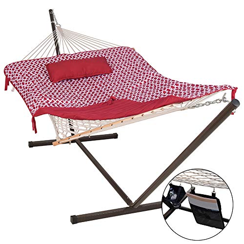 Lazy Daze Hammocks 12 Feet Steel Hammock Stand with Cotton Rope Hammock Combo,Quilted Polyester Hammock Pad, Pillow, Mag Bag and Cup Holder, Cape Cod Red