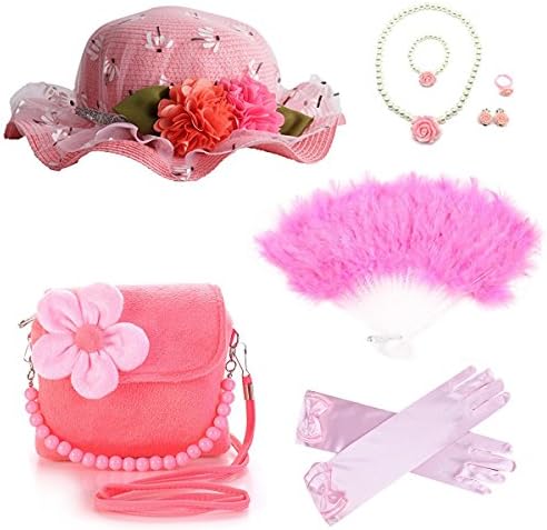 Banadim Girls Party Dress Up Play Set With Sun Hat,Handbag, Necklace,Bracelet,Gloves Kaylee And Fans