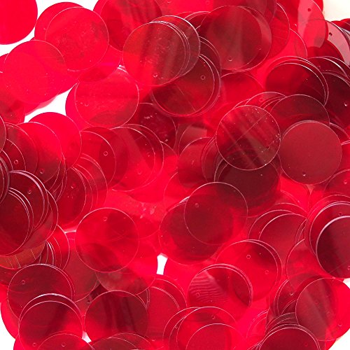 20mm Flat Round Sequins Ruby Red Transparent See-Thru Loose Paillettes. Costume, display, bridal, arts, crafts, embellishment. Made in USA.