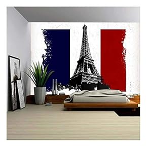 Illustration Eiffel Tower Over France Flag with Grunge Effect - Removable Wall Mural | Self-Adhesive Large Wallpaper - 66x96 inches