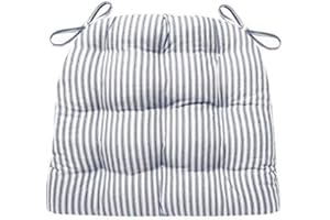 Barnett Home Decor Ticking Stripe Blue Dining Chair Pad with Ties - Standard Size 17 Chair Cushion - Latex Foam Fill - Machine Washable, Reversible, Solid Color, 100% Cotton, Made in USA (Navy)