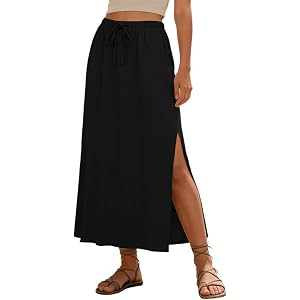 Pbawab Linen Straight Maxi Skirt with Side Slit Elastic Waist Drawstring Long Flowy Ankle-Length Boho Skirt with Pockets