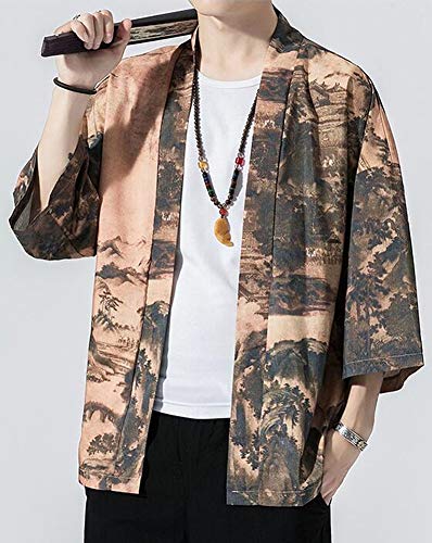 Hotmiss Men's Kimono Cardigan Jacket Japanese Style Flying Crane Seven Sleeves Open Front Coat (Yellow, X-Large)