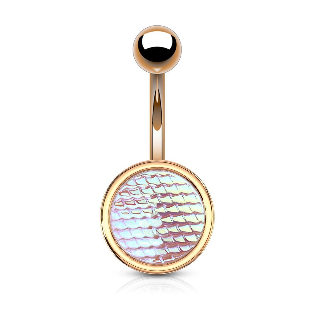 PiercedOff 316L Surgical Steel Rose Gold Tone Belly Bar with Holographic Pink Dragon Scales - Thickness 14GA (1.6mm) / Length 10mm / Ball Size 5mm and 12mm for Lower Disc