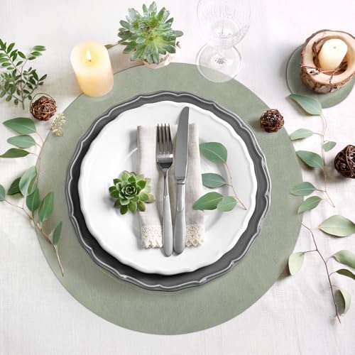 comfoyar Set of 6 American Placemats and Coasters Double Side Green White Round, Non-Slip Leather American Placemats Washable and Waterproof for Kitchen, Party Table 33 x 33 cm