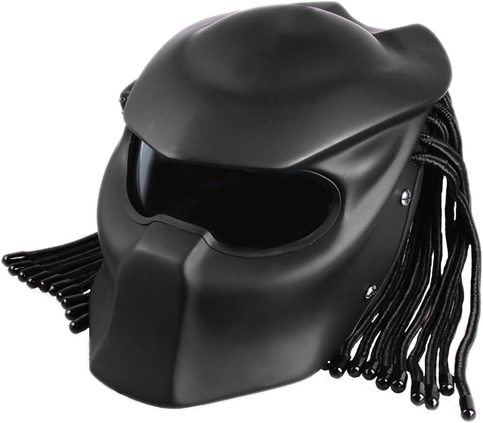 WLJBY Motorcycle personality helmet predator Jagged Warrior front Open Flip helmet D.O.T Certified Motorbike Riding Harley Retro LED helmet Light (Matte Black),L